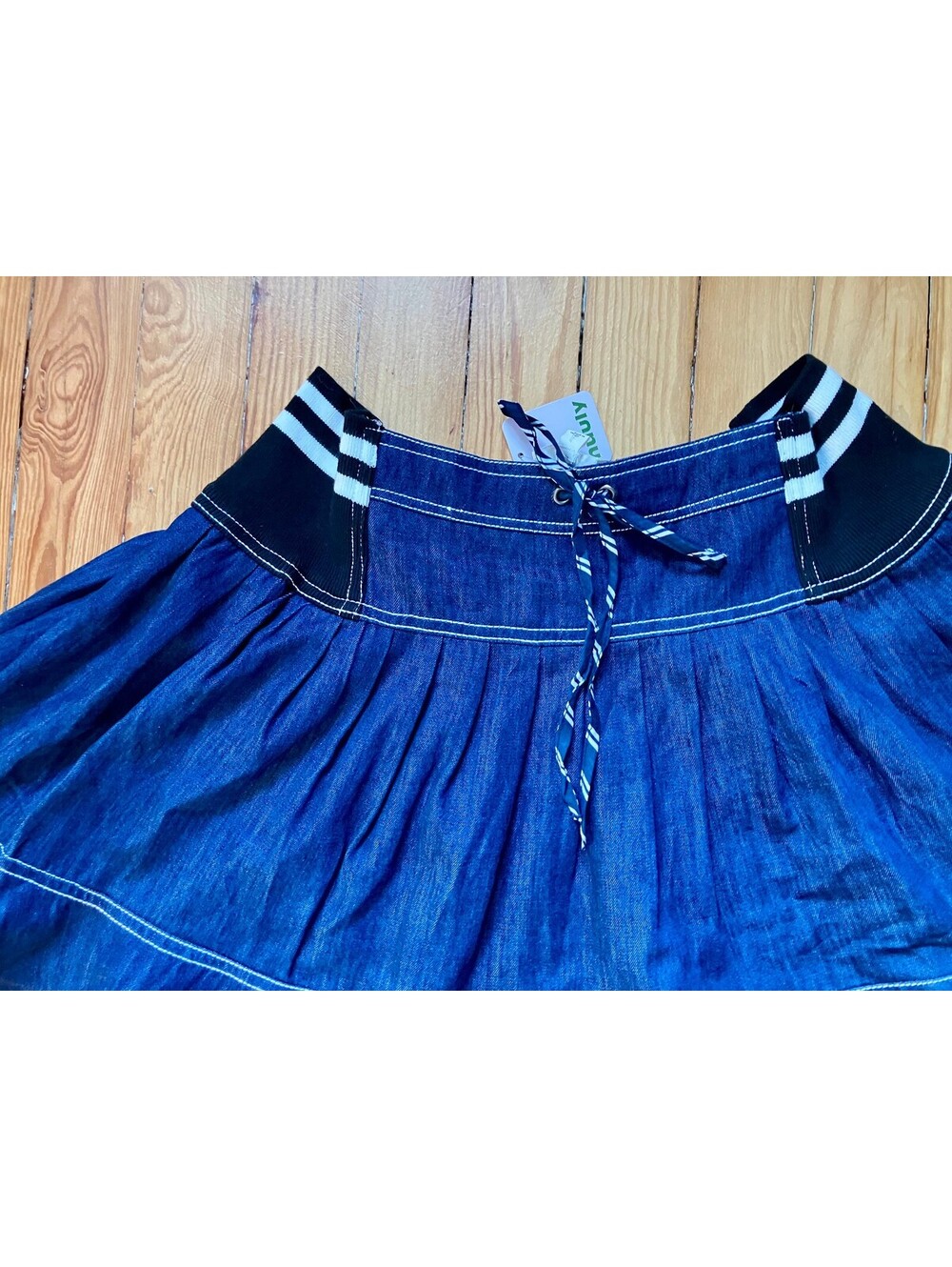 NWT Pilcro Anthropologie Dark Denim Circle Mini Skirt Striped Tie Sporty Prep L - Picture 3 of 11